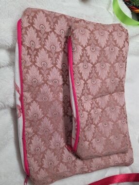 Zoe'Handicrafts Pink Floral Jacquard Quilted Pouch with Hot Pink Trim